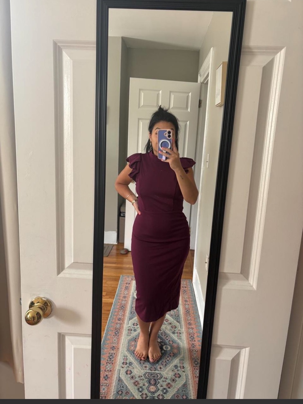 Lulus Ruffle-Sleeve Midi Dress in Burgundy with Open Back